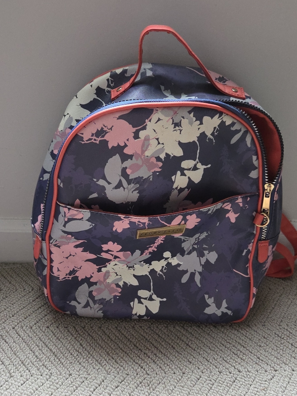 Floral Print Navy Mini Backpack with Pink Trim